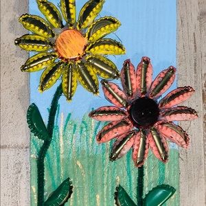 Sunflower bottle caps hanging wall plaque.